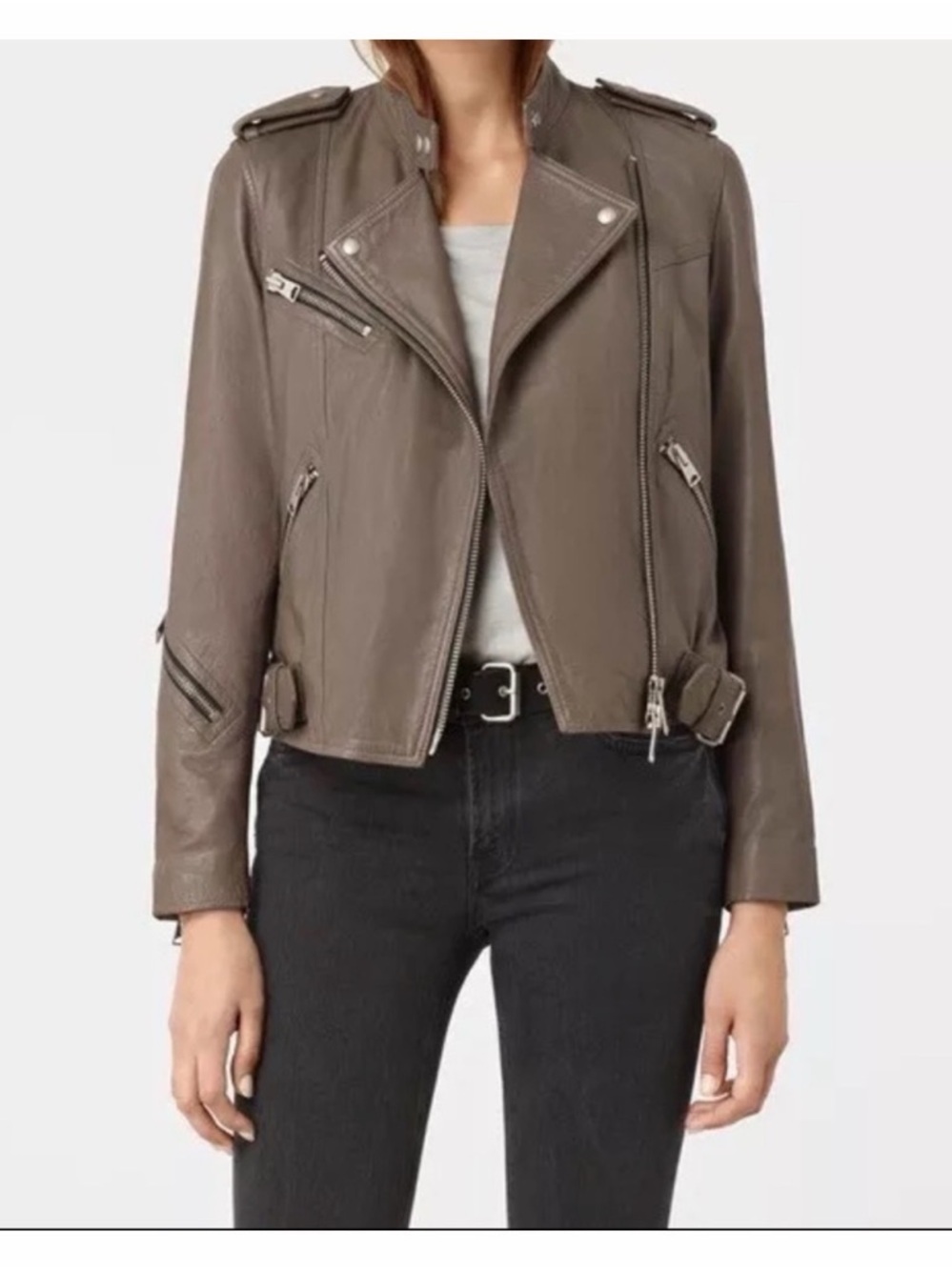 All Saints Atkinson Biker Jacket Lamb Leather  UK 12 US 8 EU 40 Battle Brown